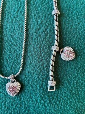 Brighton Silver-Tone Heart Necklace and Charm Bracelet with Pink Crystals